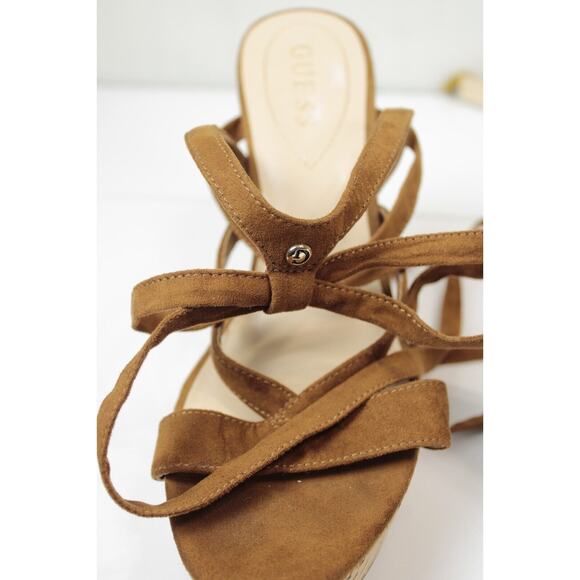 Guess Treacy Wedge Faux Suede Shoes Women 9 Platform Cork Heel Strappy Brown - Picture 8 of 12